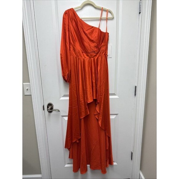 Mac Duggal Size 8 Orange One-Shoulder Satin High Low Prom Cocktail Gown Dress - Picture 4 of 9